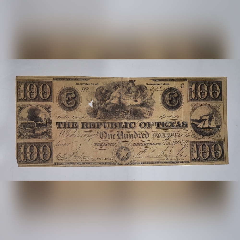 1839 100$ Republic of Texas currency
